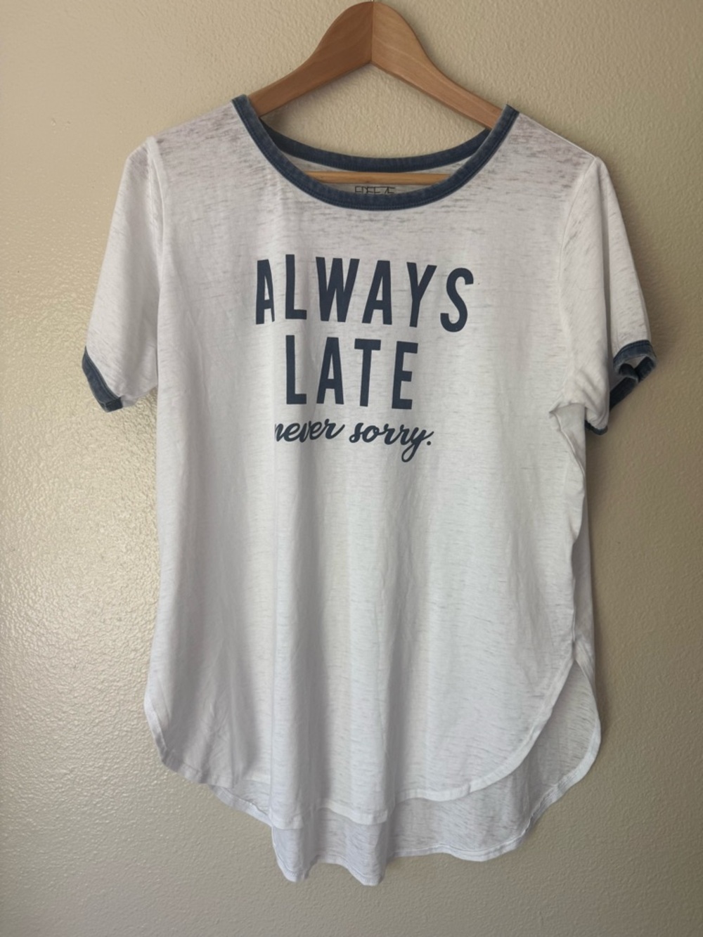 ❇️Freeze White Tee with Navy Trim and 'Always Late' Graphic 2 for $22❇️